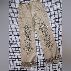 Venus Linen Cotton Beige Embellished Pants with Silver Accents Size 4
